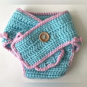 Girl’s Handmade blue and pink crochet diaper cover.  Size 0-6M.